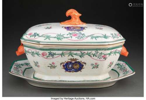 A Chinese Export Partial-Gilt Porcelain Armorial Covered Tur...