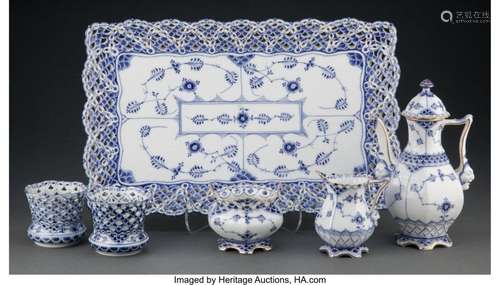 Six Royal Copenhagen Blue Fluted Full Lace Pattern Partial-G...