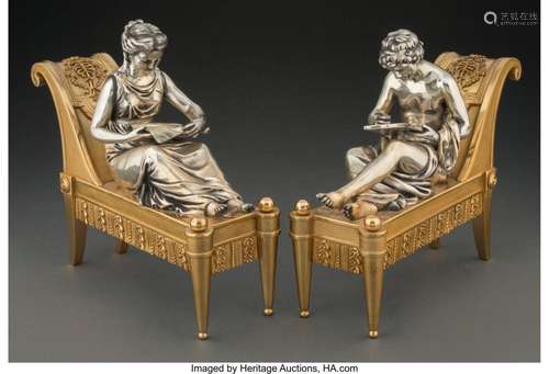 A Pair of Bouhon Freres Partial-Gilt and Silvered Bronze Fig...