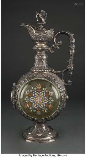 A Continental Silver and Enameled Glass Ewer, circa 1900 Mar...