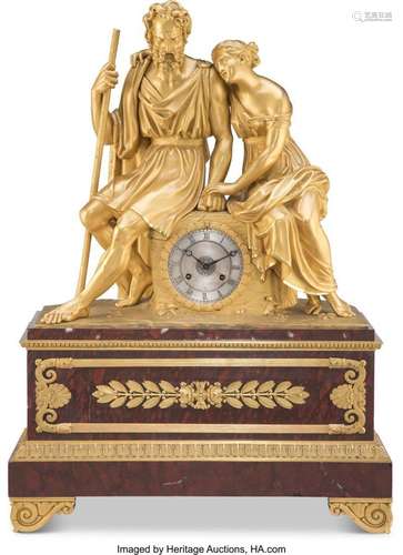 A Le Roy et Fils Gilt Bronze and Marble Figural Mantle Clock...