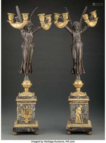 A Pair of French Empire-Style Gilt and Patinate Bronze Figur...