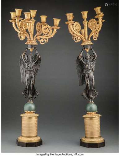 A Pair of Empire-Style Gilt and Patinated Bronze Six-Light C...