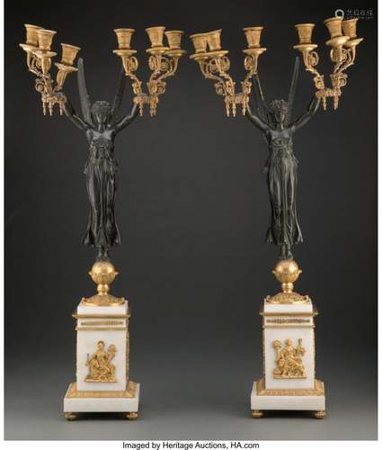 A Pair of Empire-Style Gilt and Patinated Bronze Figural Six...