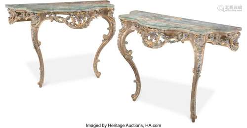 A Pair of Italian Baroque-Style Carved Polychrome Wood Conso...