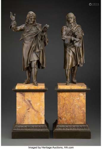 A Pair of Continental Patinated Bronze Figures on Marble Pli...