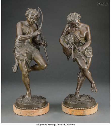 A Pair of Patinated Bronze Figures on Marble Pedestals Attri...