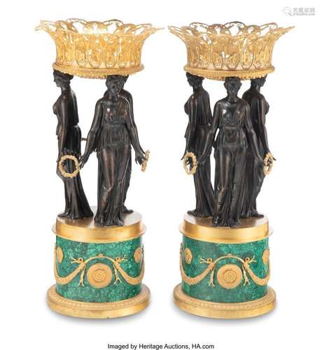 A Pair of Empire-Style Gilt and Patinated Bronze and Malachi...