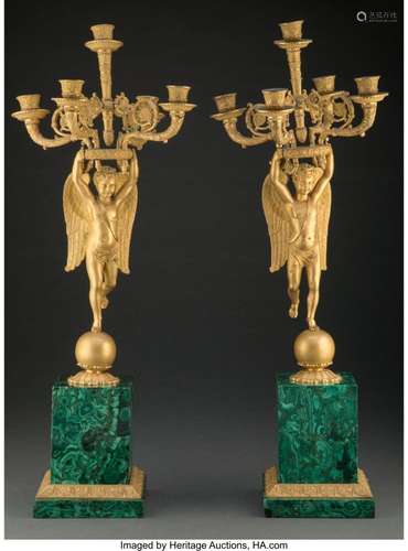 A Pair of Neoclassical Gilt Bronze and Malachite Figural Fiv...