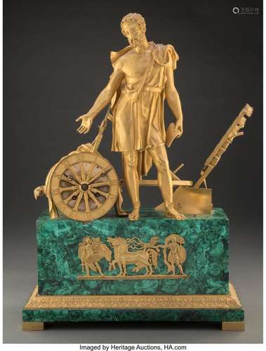 A French Empire Gilt Bronze and Malachite Figural Clock, 19t...