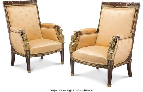 A Pair of Empire Gilt Bronze-Mounted Mahogany Upholstered Be...