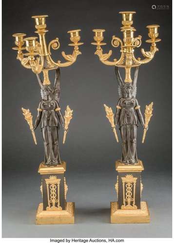 A Pair of Empire-Style Gilt and Patinated Bronze Four-Light ...