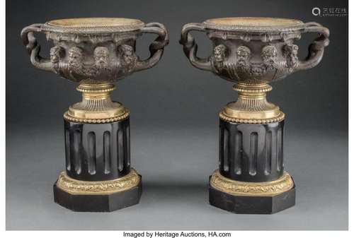 A Pair of Empire-Style Partial-Gilt Bronze Urns on Fluted Ma...