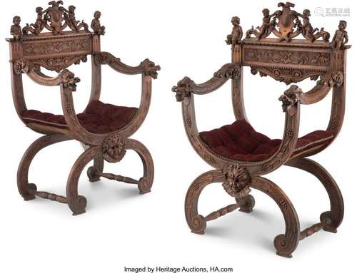 A Pair of Renaissance Revival Walnut Hall Chairs, 19th centu...