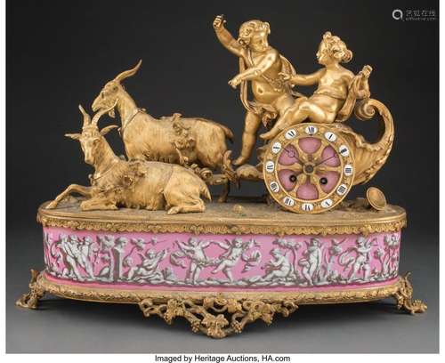 A Vincenti & Cie Gilt Bronze and Porcelain Mantel Clock,...