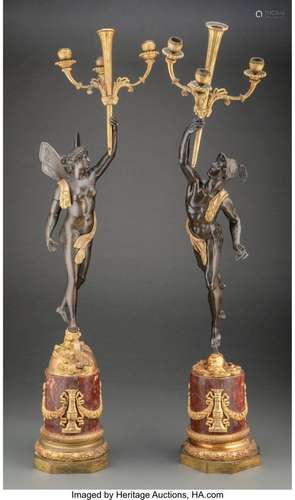 A Pair of Large Gilt and Patinated Bronze Four-Light Figural...