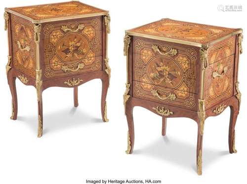 A Pair of Louis XV-Style Marquetry and Gilt Bronze Petit Com...