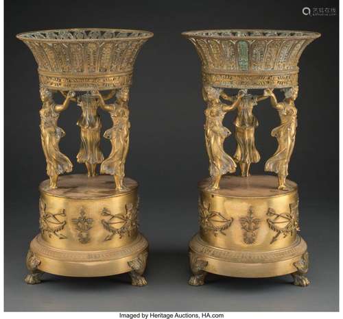 A Pair of Empire-Style Gilt Metal Figural Centerpieces, earl...