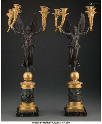 A Pair of French Empire-Style Gilt and Patinated Bronze Four...