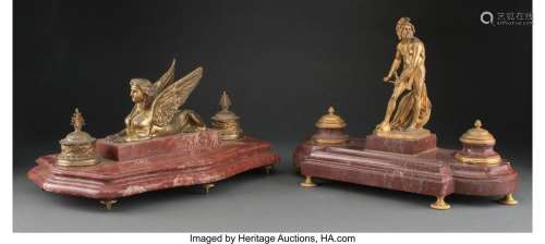 Two Continental Gilt Bronze and Rouge Marble Double Inkwells...