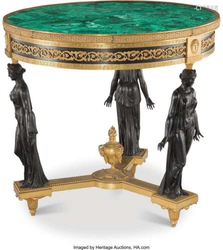 An Empire-Style Gilt and Patinated Bronze Table with Malachi...
