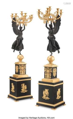 A Pair of Monumental Empire-Style Gilt and Patinated Metal F...