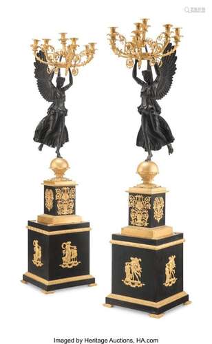 A Pair of Monumental Empire-Style Gilt and Patinated Metal F...