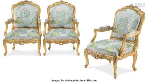 A Set of Three Louis XV-Style Giltwood Fauteuils with Scalam...