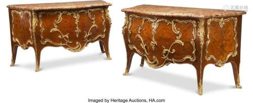 A Pair of Louis XV-Style Gilt Bronze Mounted Marquetry Decor...