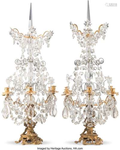 A Pair of Rococo Revival Gilt Bronze and Crystal Girandoles,...