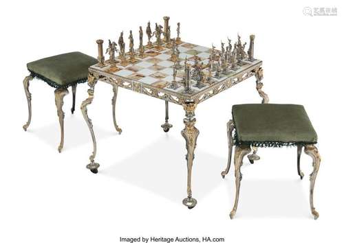 A Giuseppe Vasari Gilt and Silvered Metal Chess Set, Table, ...