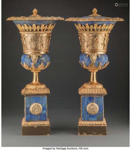 A Pair of Louis XVI-Style Gilt-Bronze and Lapis Lazuli Urns ...