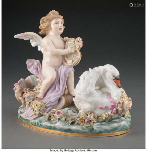 A Meissen Partial-Gilt Porcelain Figural Group: Amor in Shel...