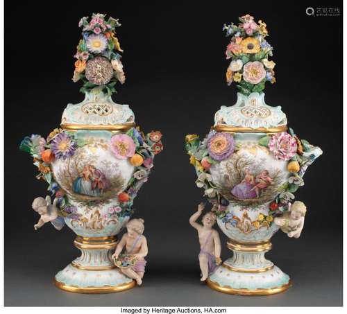 A Pair of Meissen Porcelain Figural Potpourri Covered Vases,...