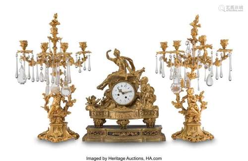 A Married Three-Piece Gilt Bronze Clock Garniture: Cupid and...