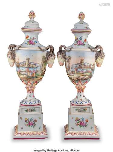 A Pair of Chelsea Porcelain Covered Urns on Stands Marks: (r...