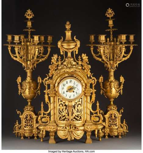 A Three-Piece French Gilt Bronze Clock Garniture, 19th centu...