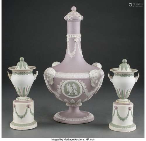 A Group of Three Wedgwood Tri-Color Jasperware Covered Urns,...