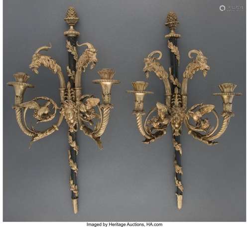 A Pair of Louis XVI-Style Gilt Bronze and Wood Two-Light Wal...