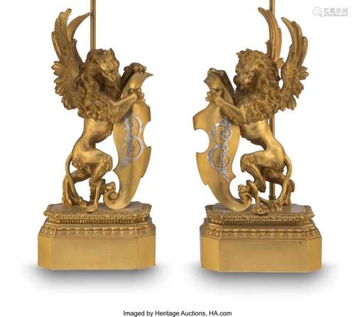 A Pair of Gilt Bronze Figural Chenets Mounted as Lamps, 19th...