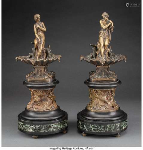 A Pair of Louis XVI-Style Bronze Figures on Slate Table Colu...