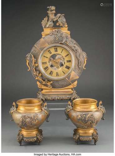 A Three-Piece Chinoiserie Gilt and Patinated Metal Clock Gar...