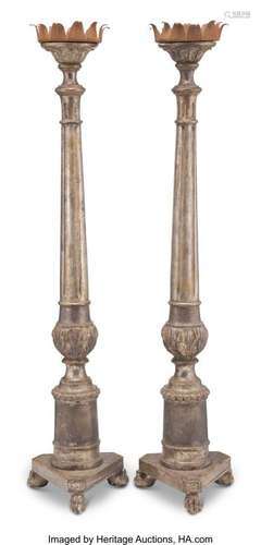 A Pair of Large Italian Silvered Wood Altar Prickets 55-1/2 ...