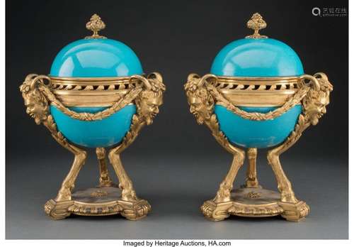 A Pair of Empire-Style Gilt Bronze-Mounted Porcelain Urns, e...