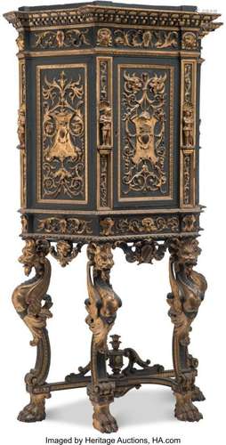 A Spanish Baroque-Style Painted and Partial Gilt Wood Cabine...