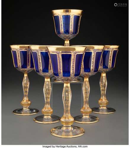 A Group of Six Bohemian Partial Gilt Cobalt Cut-to-Clear Ste...