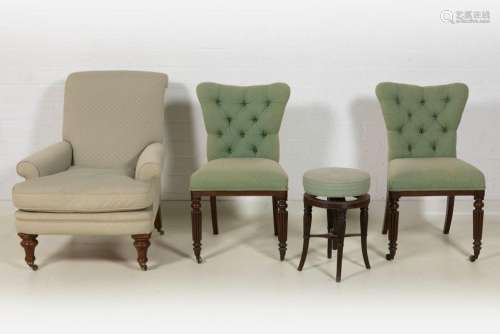 antique English armchair, two chairs and a piano stool bough...