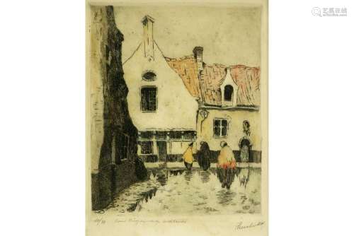 20th Cent. Belgian illegibly signed color etching