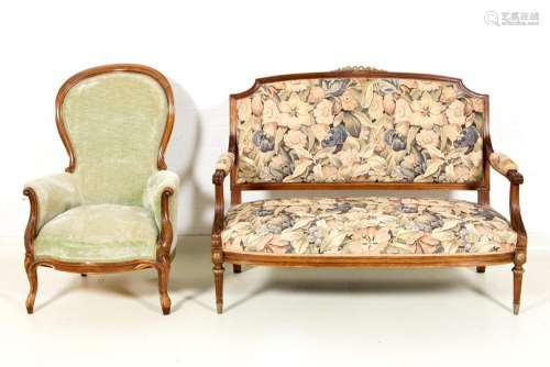 19th Cent. walnut armchair and neoclassical settee in mahoga...