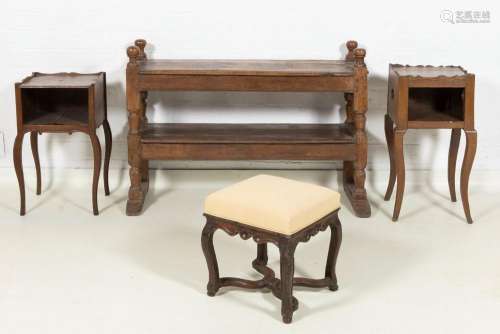 four pieces of antique oak furniture : a what-not, two bedsi...
